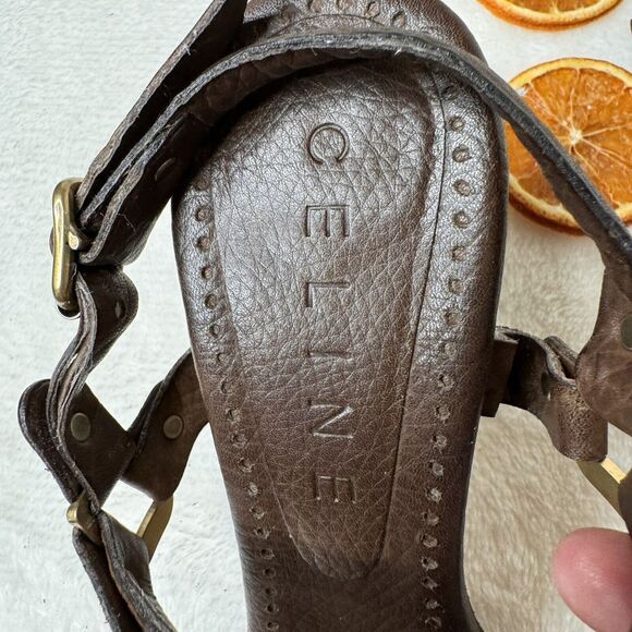Celine Paris Shoes Sandals Heels Brown Leather T Strap 36.5 Gold Harness Detail - Picture 3 of 8
